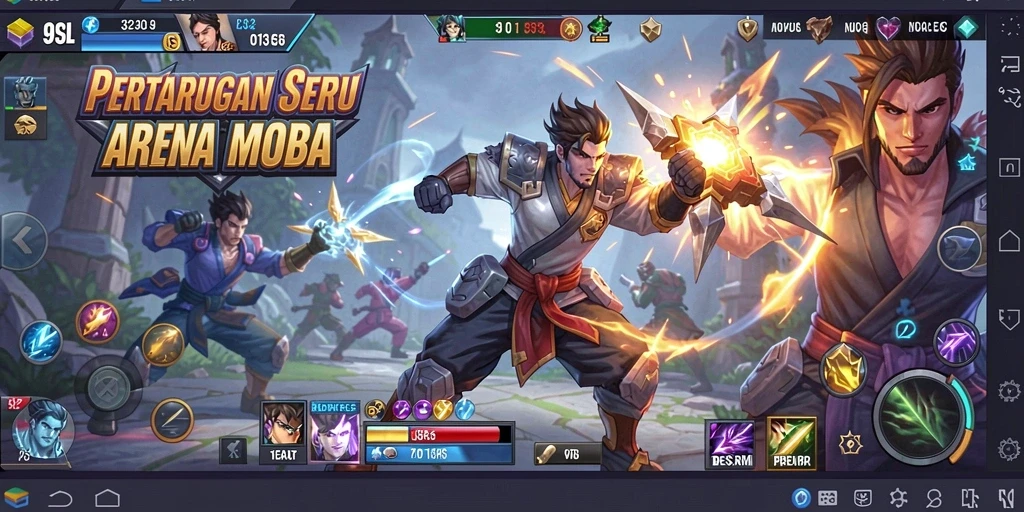 Screenshot gameplay 9SL dengan aksi pertarungan epik di arena MOBA.