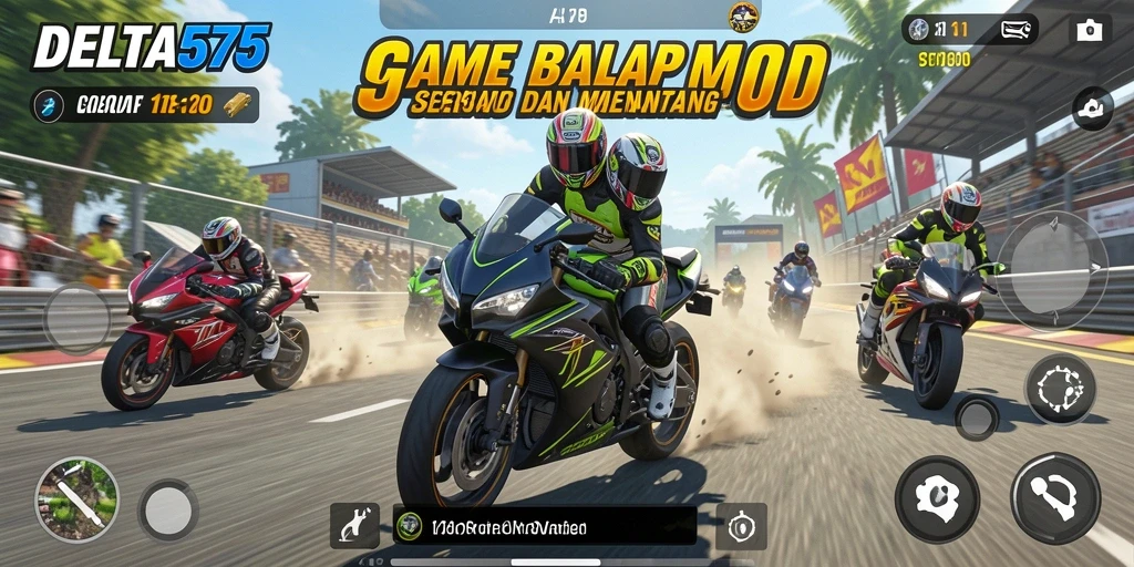 Screenshot gameplay DELTA575 dengan balapan motor yang intens.