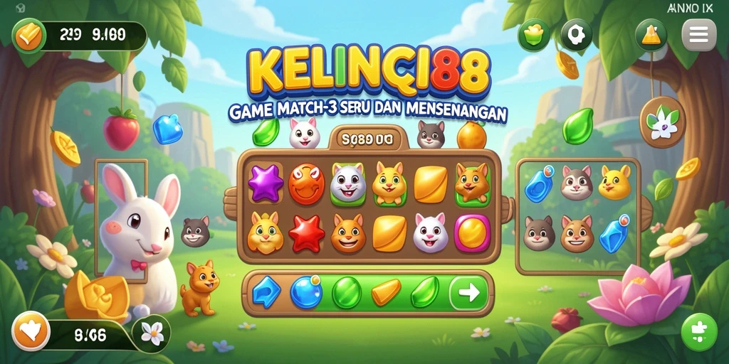 Screenshot KELINCI88 menampilkan gameplay Match-3 yang menarik dan penuh warna.