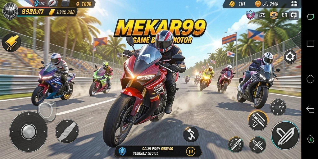 Tampilan gameplay balapan motor yang mendebarkan di MEKAR99.