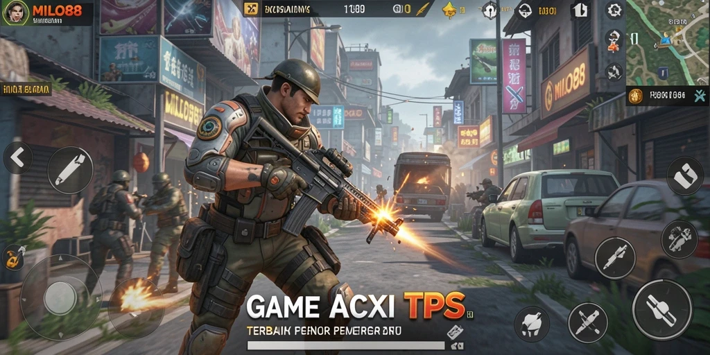 Tampilan gameplay <strong>MILO88</strong> yang intens dan penuh aksi dalam mode TPS.