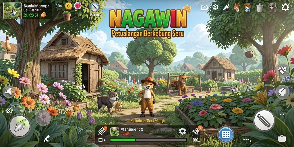 Tampilan gameplay NAGAWIN dengan kebun yang rindang dan hewan ternak.