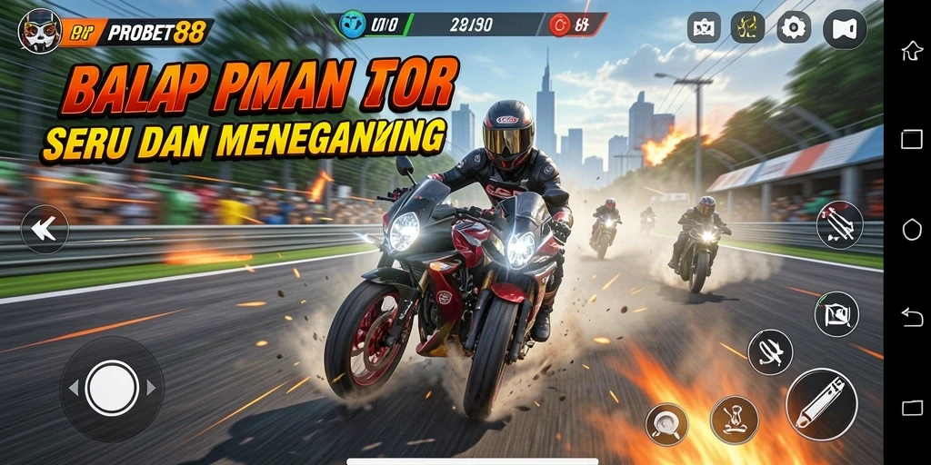Tangkapan layar gameplay PROBET88 menampilkan aksi balap motor yang mendebarkan.