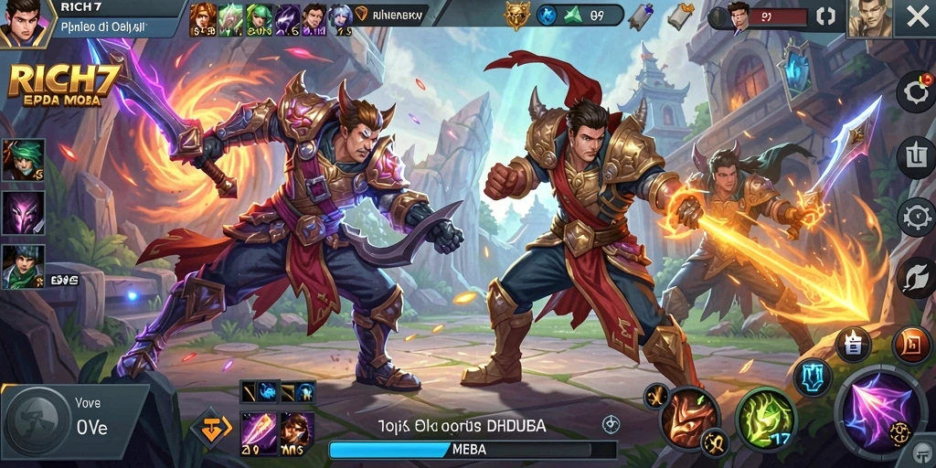 Tampilan gameplay RICH7 dengan aksi seru antar karakter dalam arena.