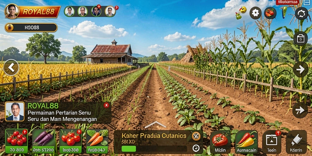 Tampilan gameplay seru dalam ROYAL88 yang menampilkan aktivitas bertani.