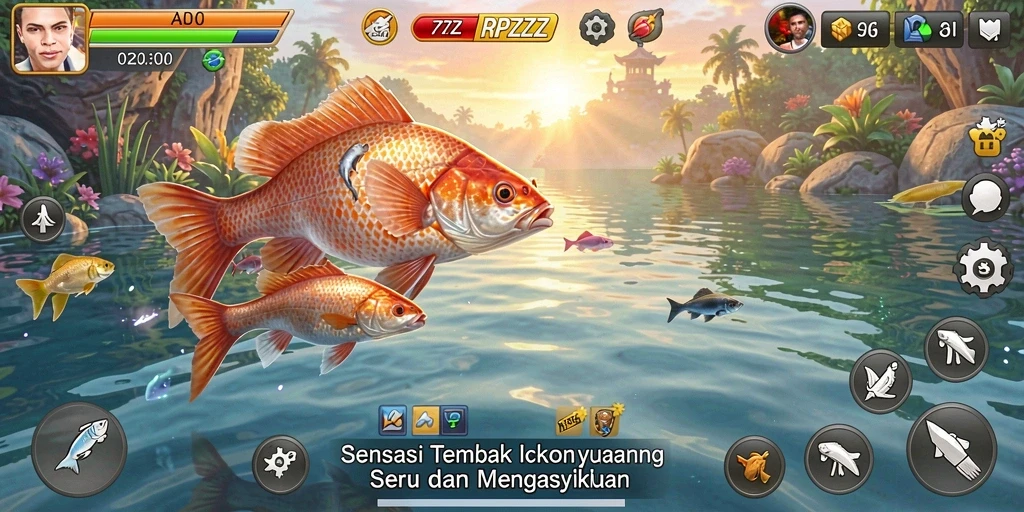 Tampilan gameplay seru RPZZZ dengan ikan colorful.