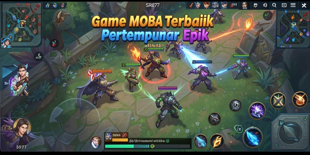Screenshot gameplay SR877 menampilkan pertarungan seru antar tim MOBA.