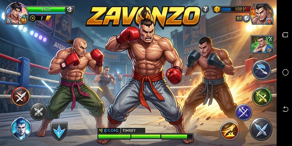 Tampilan gameplay seru di ZAVONZO dengan karakter bertarung.